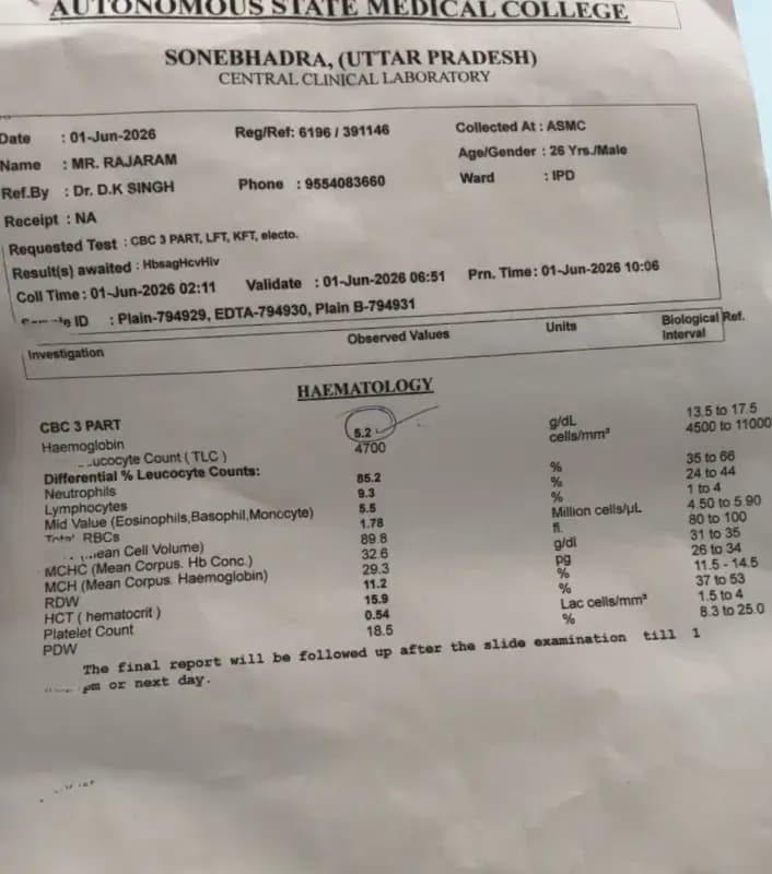 "5.2 से 12.2 पहुंच गया हीमोग्लोबिन:: आखिर मेडिकल कॉलेज में इलाज हो रहा है या गरीब मरीजों की किस्मत से खेला जा रहा है?"